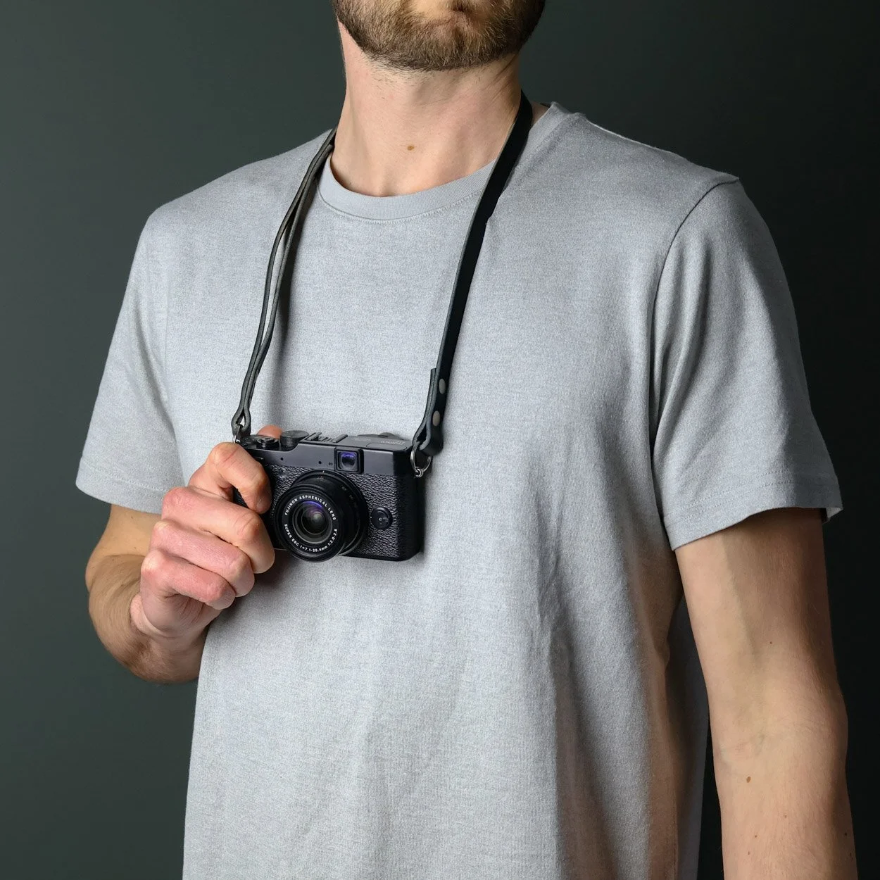 Peak black camera neck strap with fujifilm X10 made in the UK