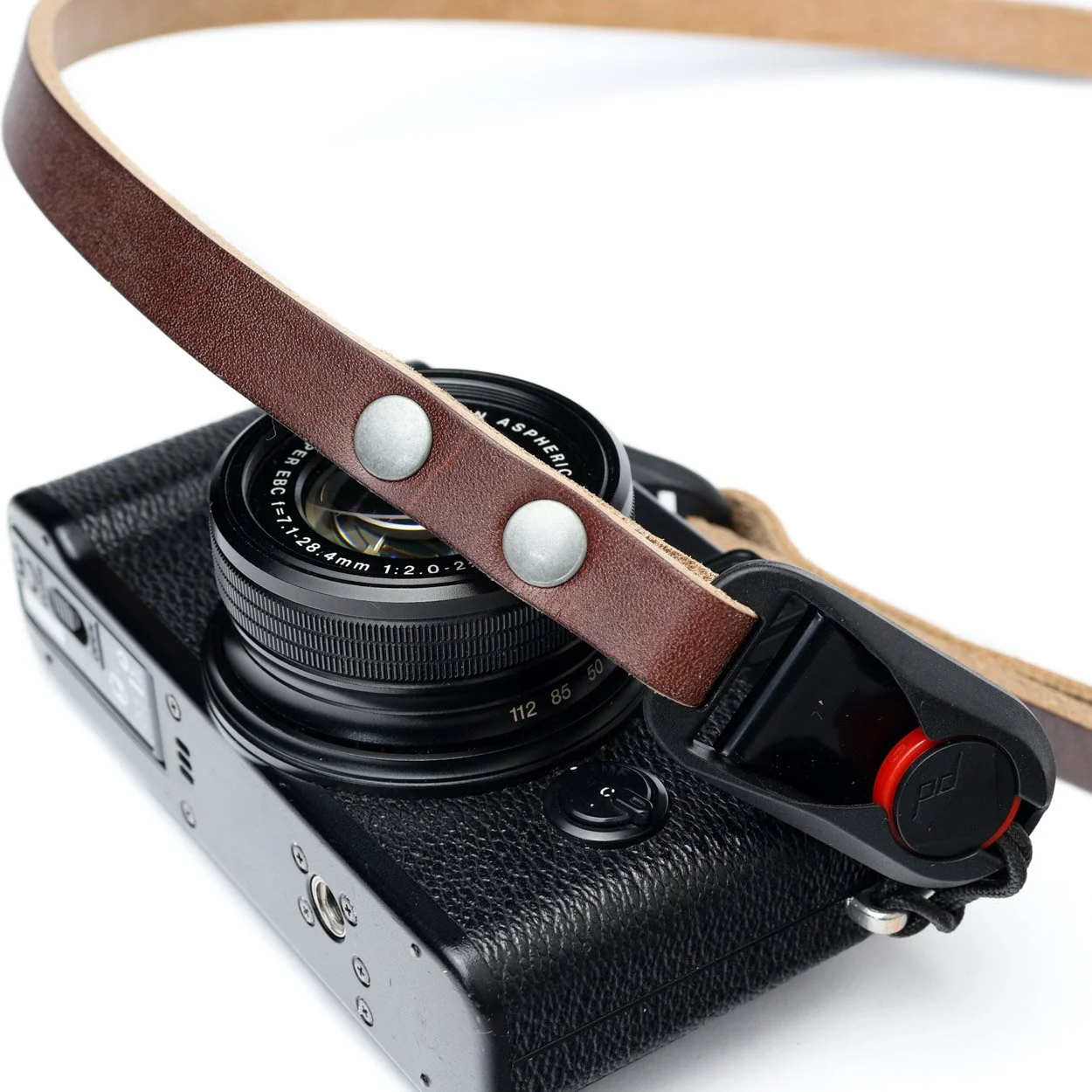 leather peak design anchors camera strap close up