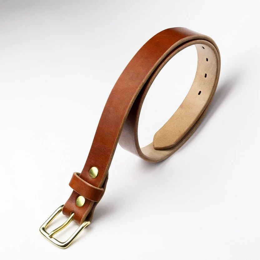 Mens brown leather belt with brass buckle