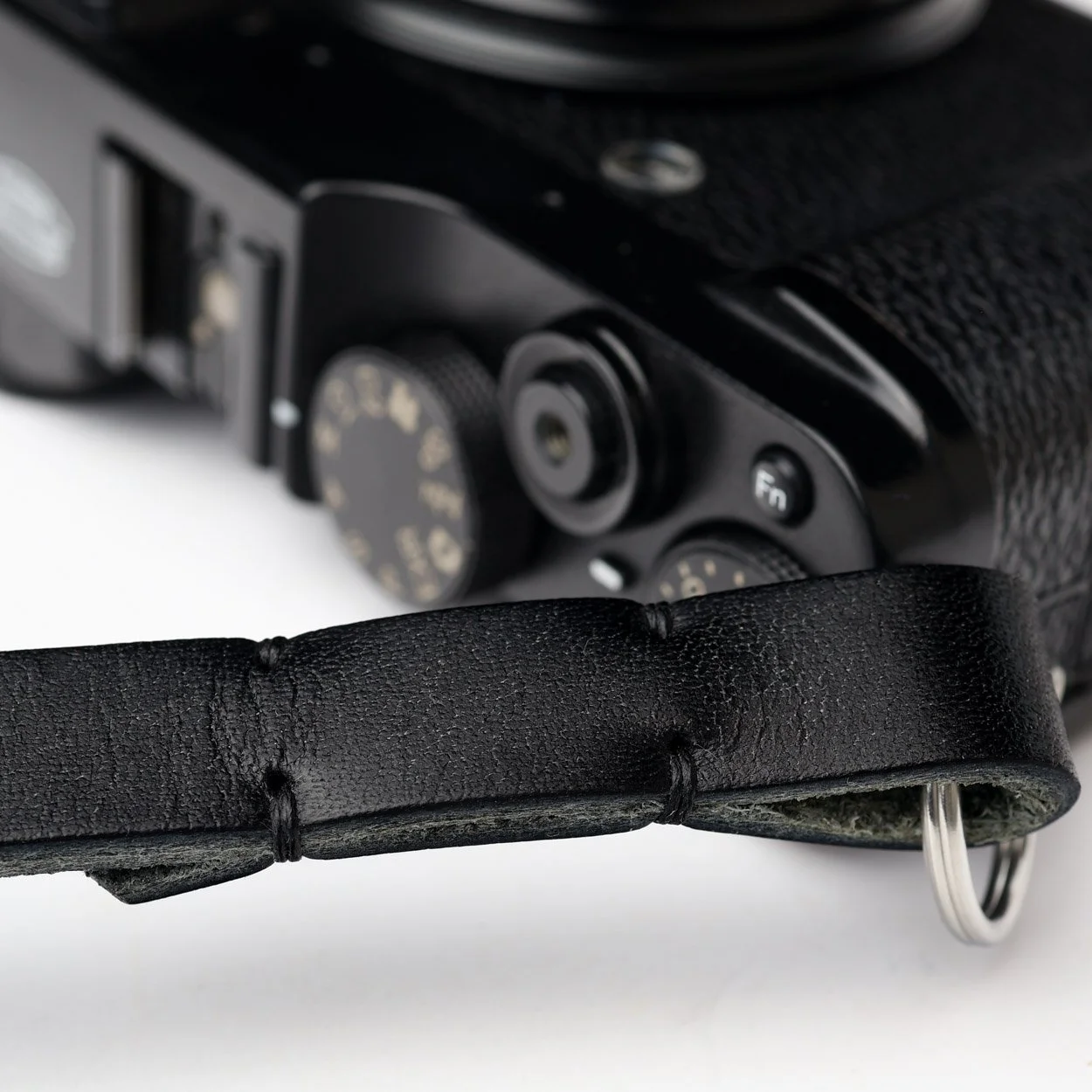 stitched leather camera strap black