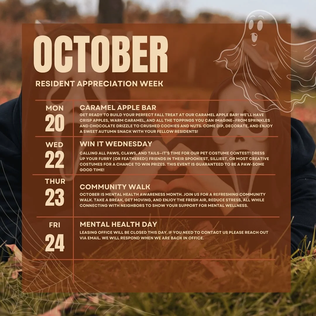 Resident Appreciation Week is here! 🍂
Join us Oct 20–24 for fun fall events from caramel apples to a pet costume contest and community walk! 🐾
We can’t wait to celebrate our amazing residents all week long!
#studenthousing #studentli