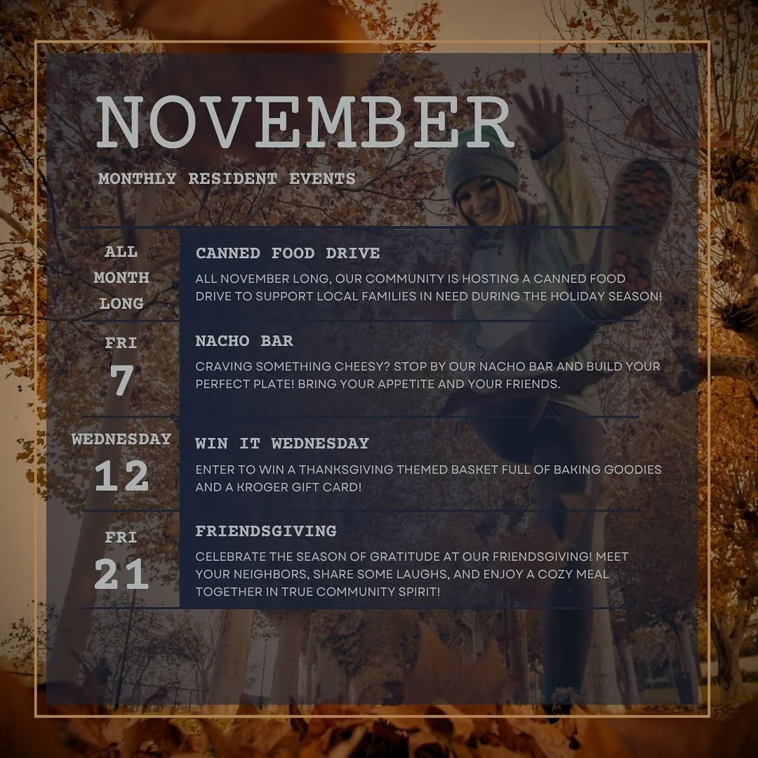 November Resident Events 🍂

These are our upcoming events for the month of November! Take a look and don&rsquo;t miss out on the fun. We can&rsquo;t wait to see you there!

#studenthousing #studentlife #collegelife #residentevent