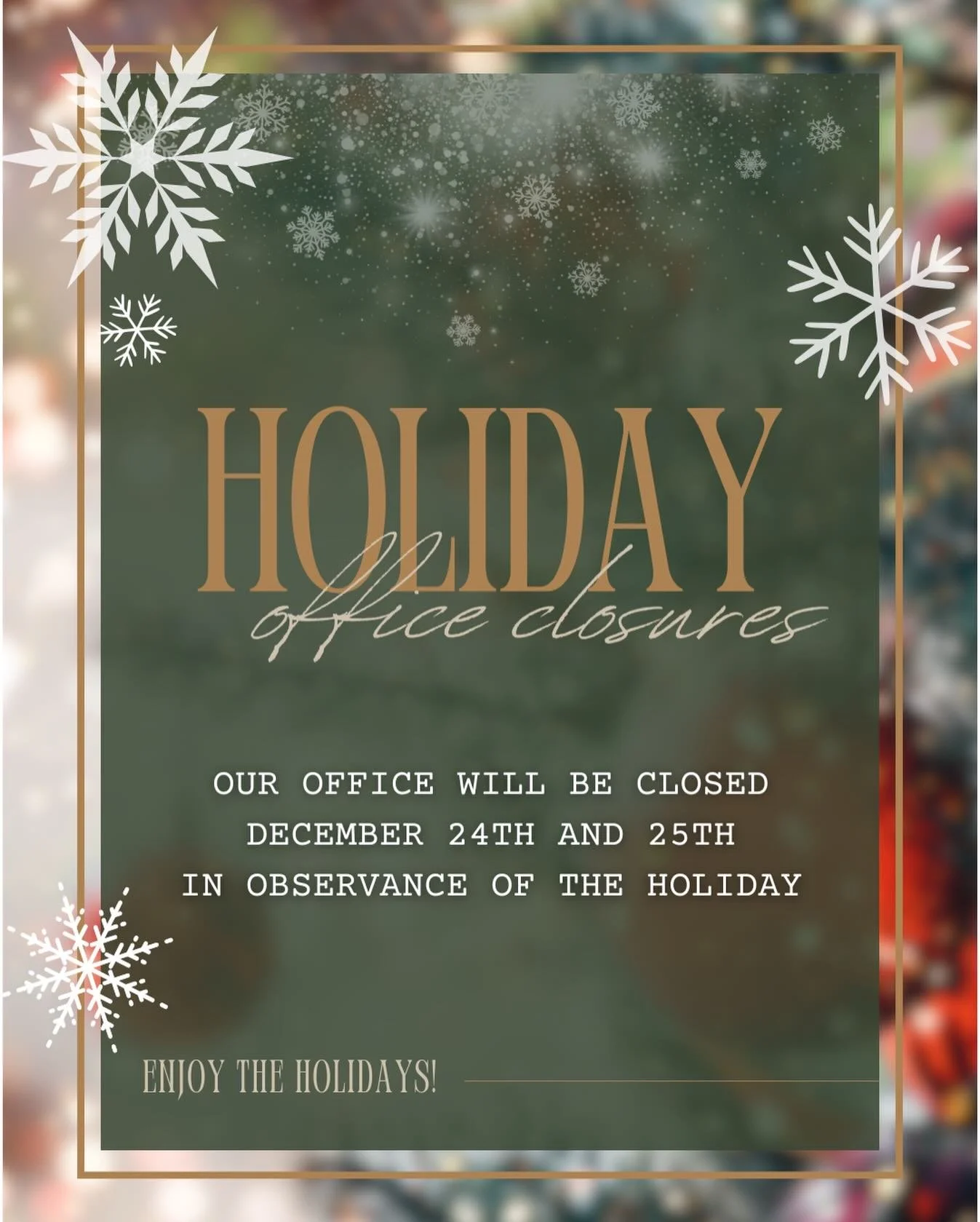 Office Closure 🎄

Our offices will be closed for December 24th and 25th in observance of the holiday. We also have adjusted hours for the 26th which are 10am-4pm. 

We wish that all of our residents have a great holiday season as well! 

#happyholid