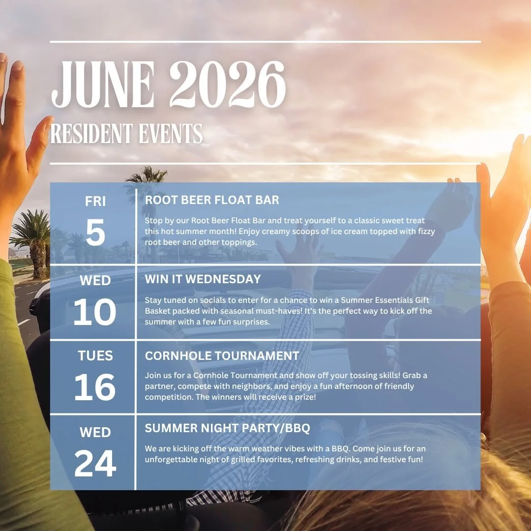June Resident Events ⛱️

Here are the resident events for the month of June! Filled with fun times including a BBQ party, cornhole tournament, root beer float bar and another Win It Wednesday!

Stay tuned into our socials for any updates ‼️

#miamioh