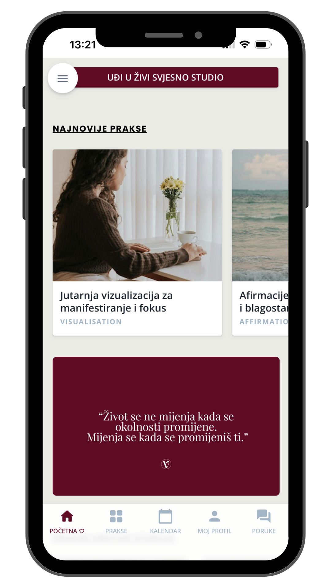 Online studio Živi Svjesno na mobilnom telefonu s meditacijama, praksama osobnog razvoja, inspirativnim sadržajem i alatima za manifestaciju.