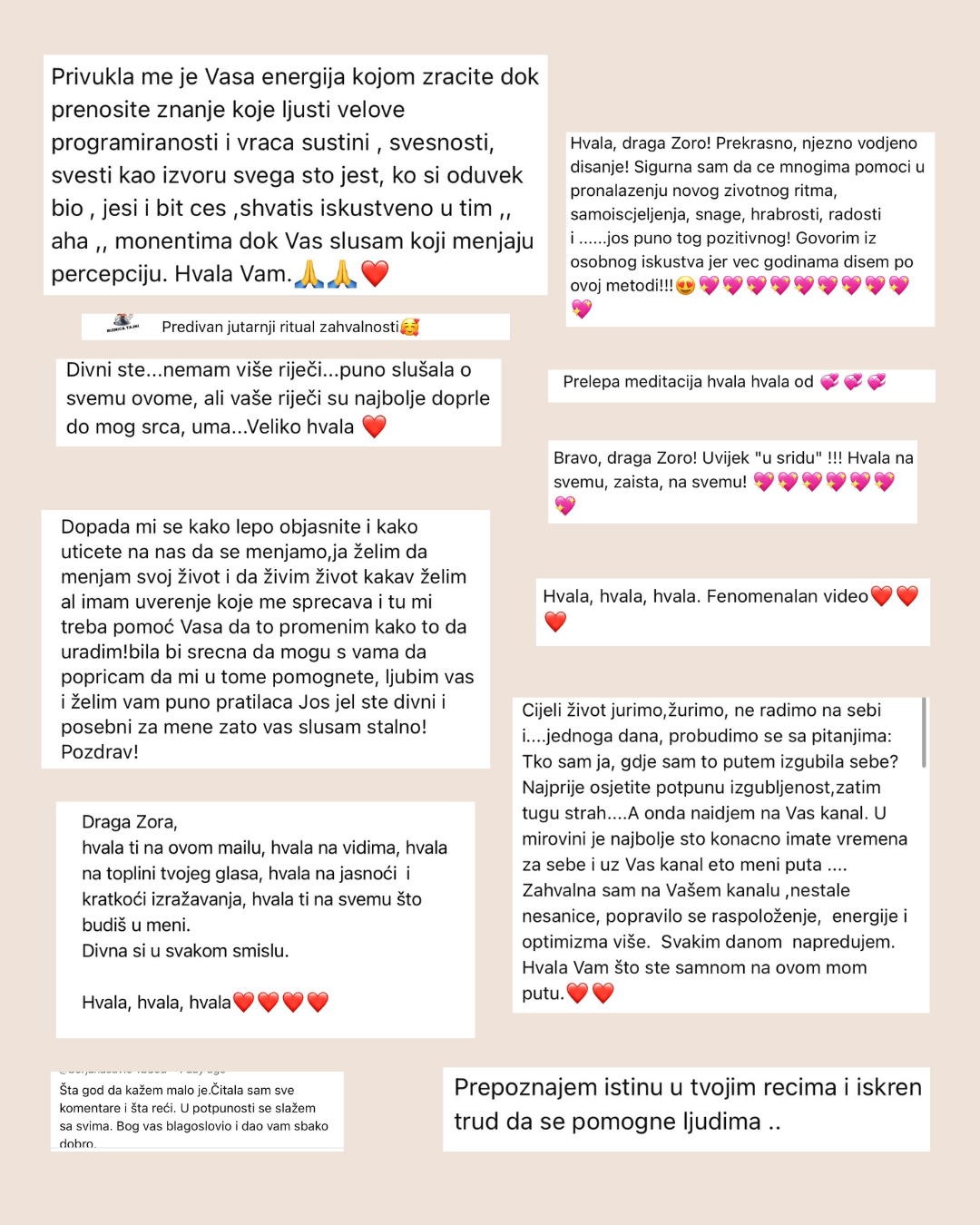 Prikaz komentara polaznika na hrvatskom jeziku s iskustvima vezanim uz osobni razvoj, manifestaciju, meditacije i programe Živi Svjesno.