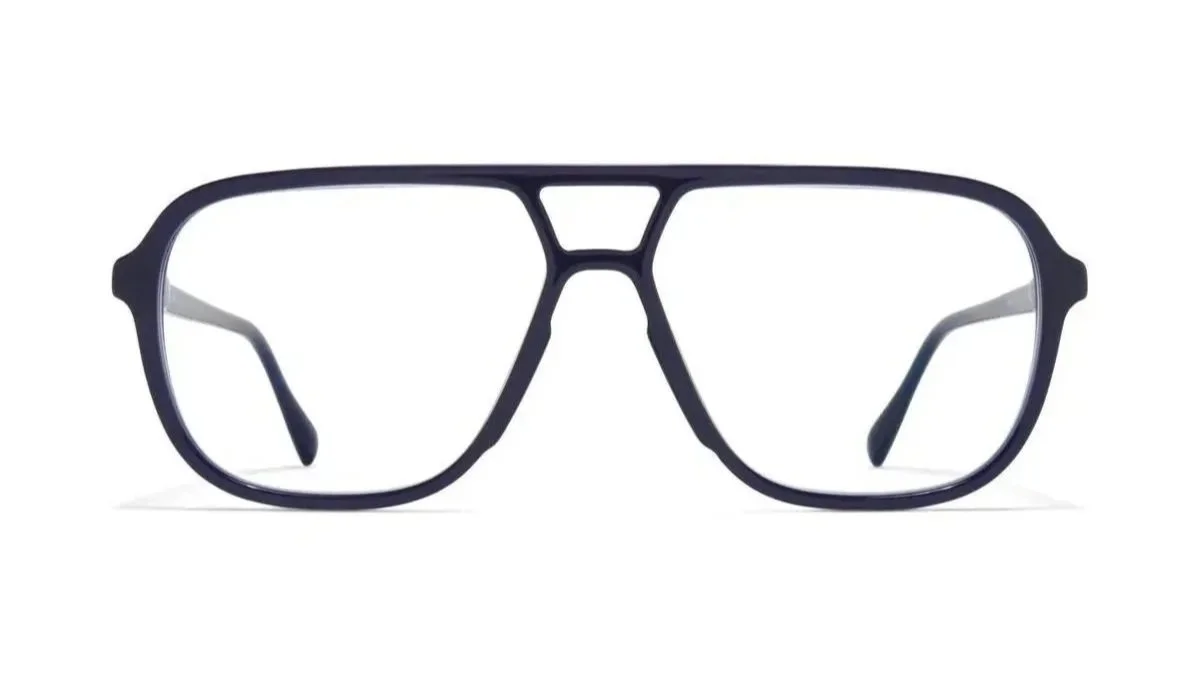Aviator eyeglasses with an indigo blue frame on a white background