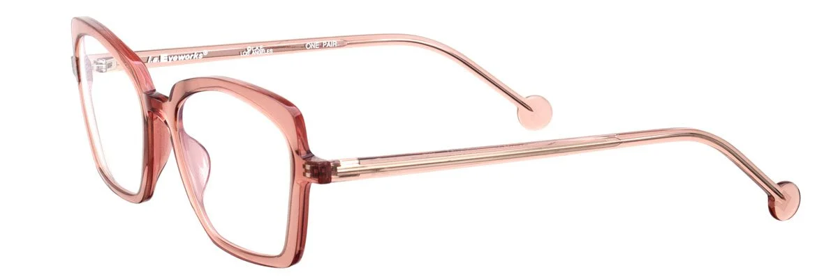 Pink eyeglass frames with a classic rectangular shape.