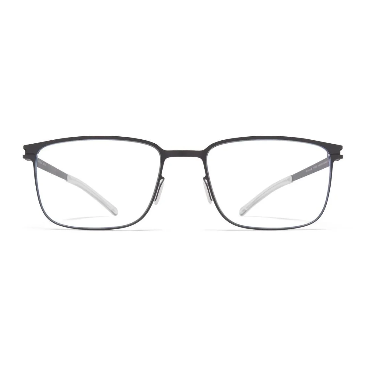 Grey, square frames with clear lenses, featuring a modern design.