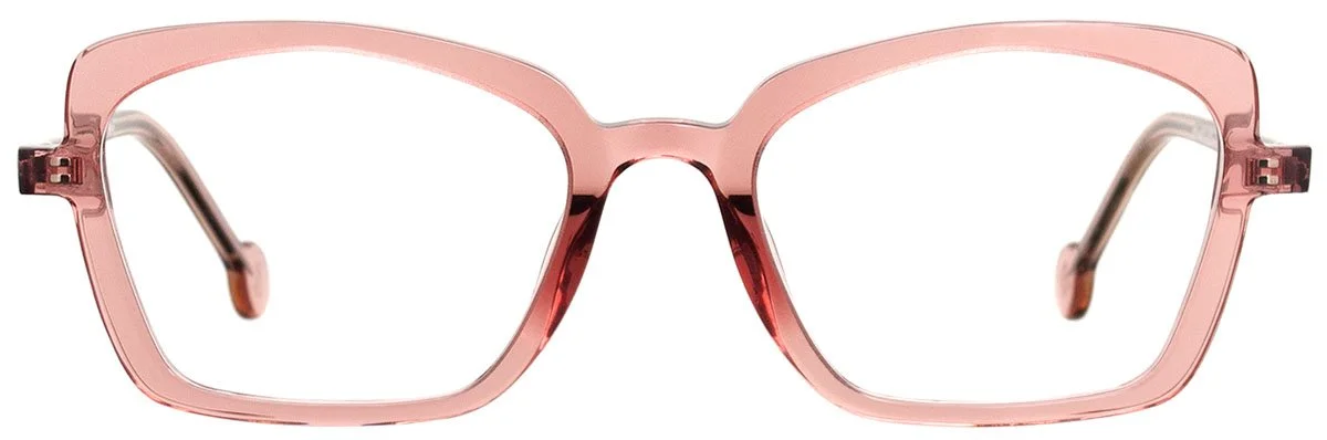 Pink eyeglass frames with a classic rectangular shape.
