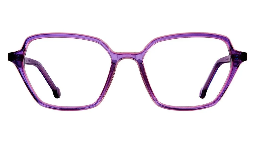 Purple geometric eyeglasses frame on white background.