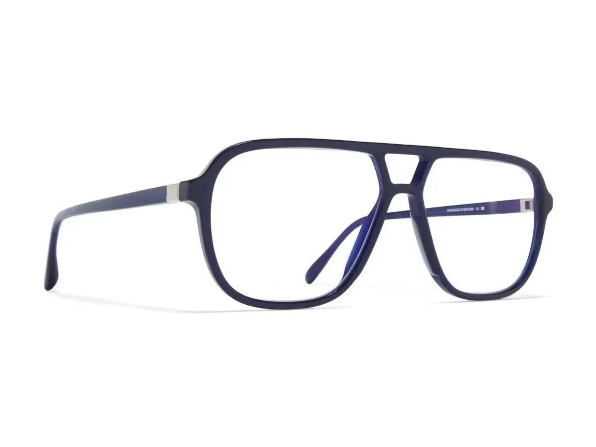 Aviator eyeglasses with an indigo blue frame on a white background