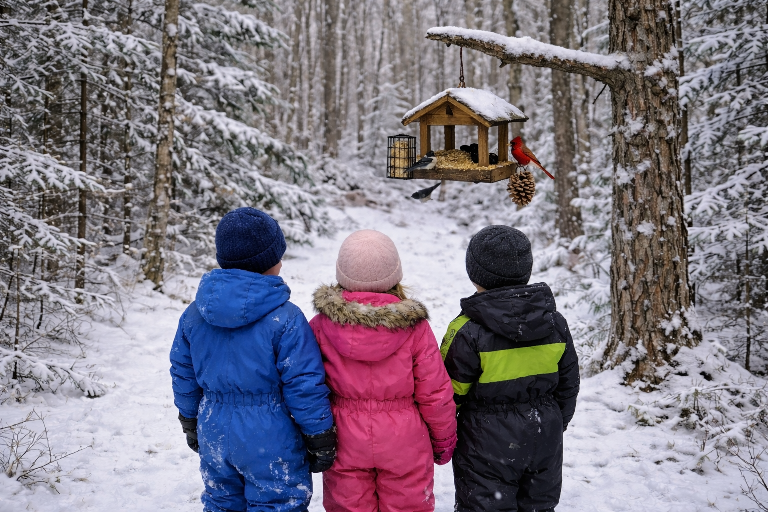 IMage of three children watching a birdfeeder int he winter for Insight Eye Care blog post about myopia