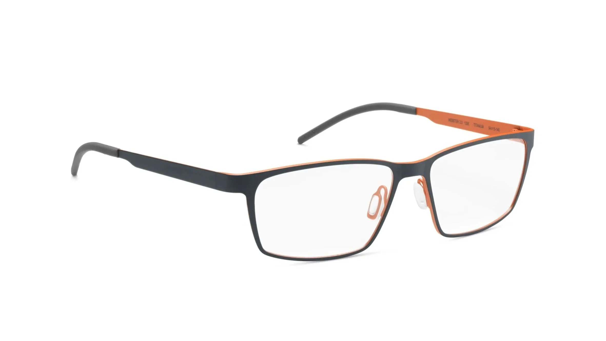 Black and orange metal rectangular eyeglasses with a bold temple