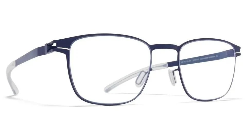 Blue rectangular eyeglasses with thin metal frame