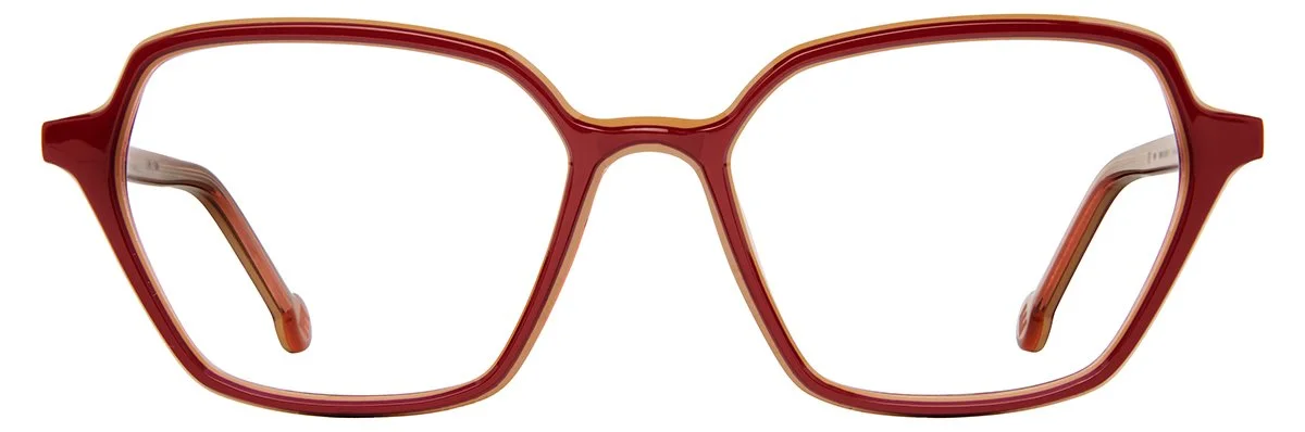 Rusty red geometric eyeglasses frame on white background.