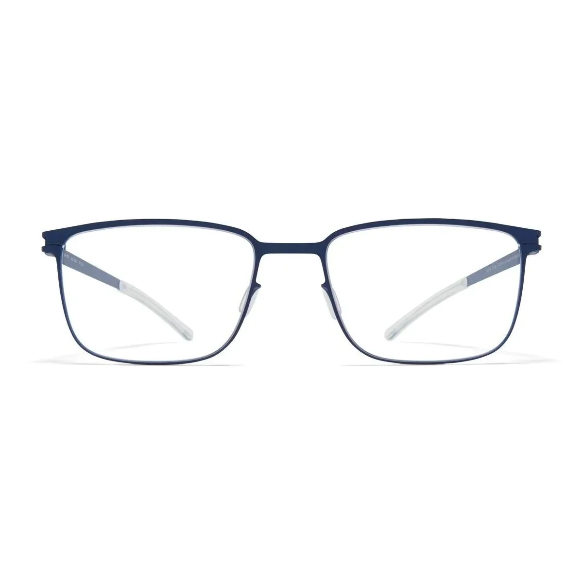 Navy thin-framed glasses with clear lenses on a white background.