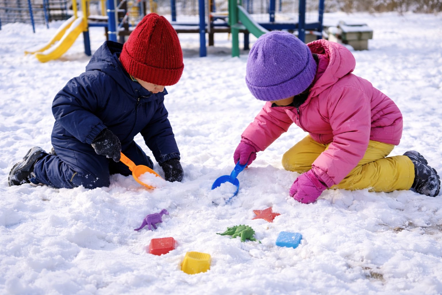 Two children playing in the snow for Insight Eye Care blog post about the importance of outdoor time for myopia control.