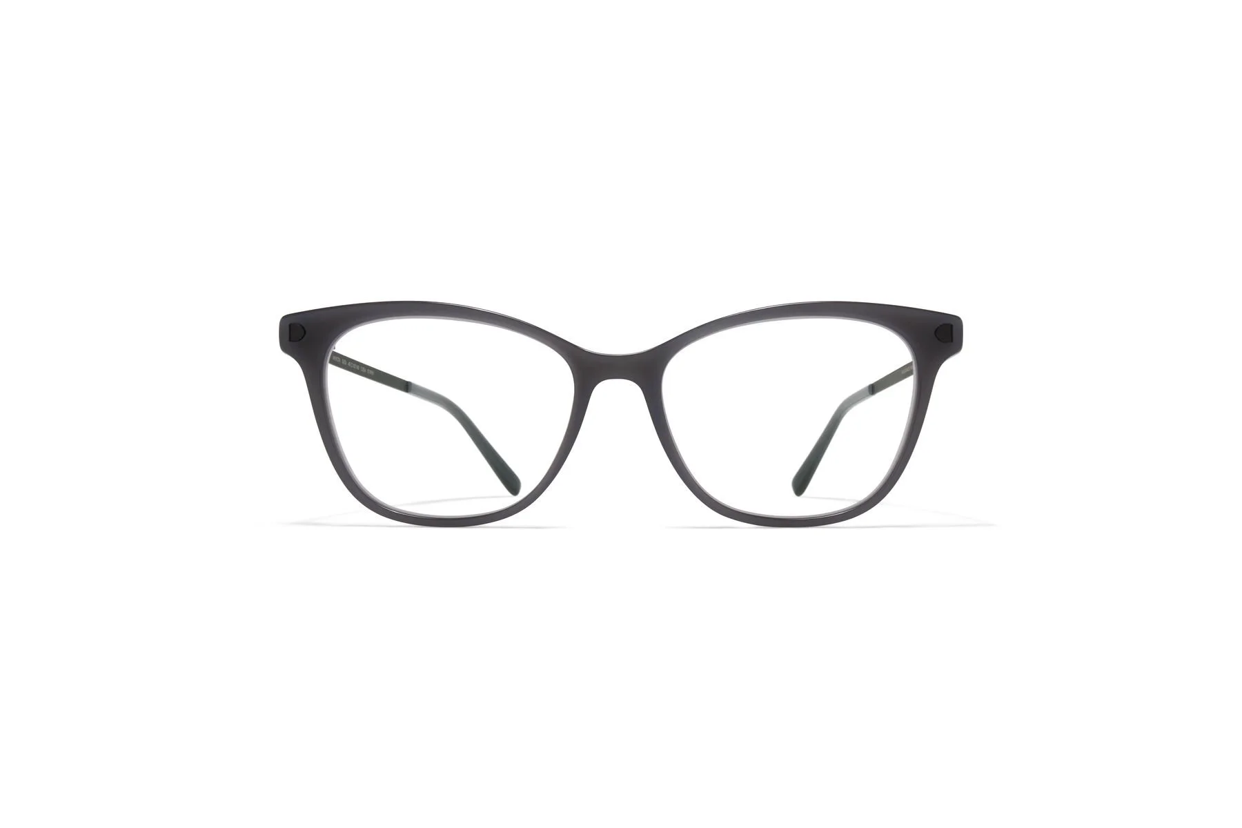 Pair of black cat-eye glasses with clear lenses on a white background.