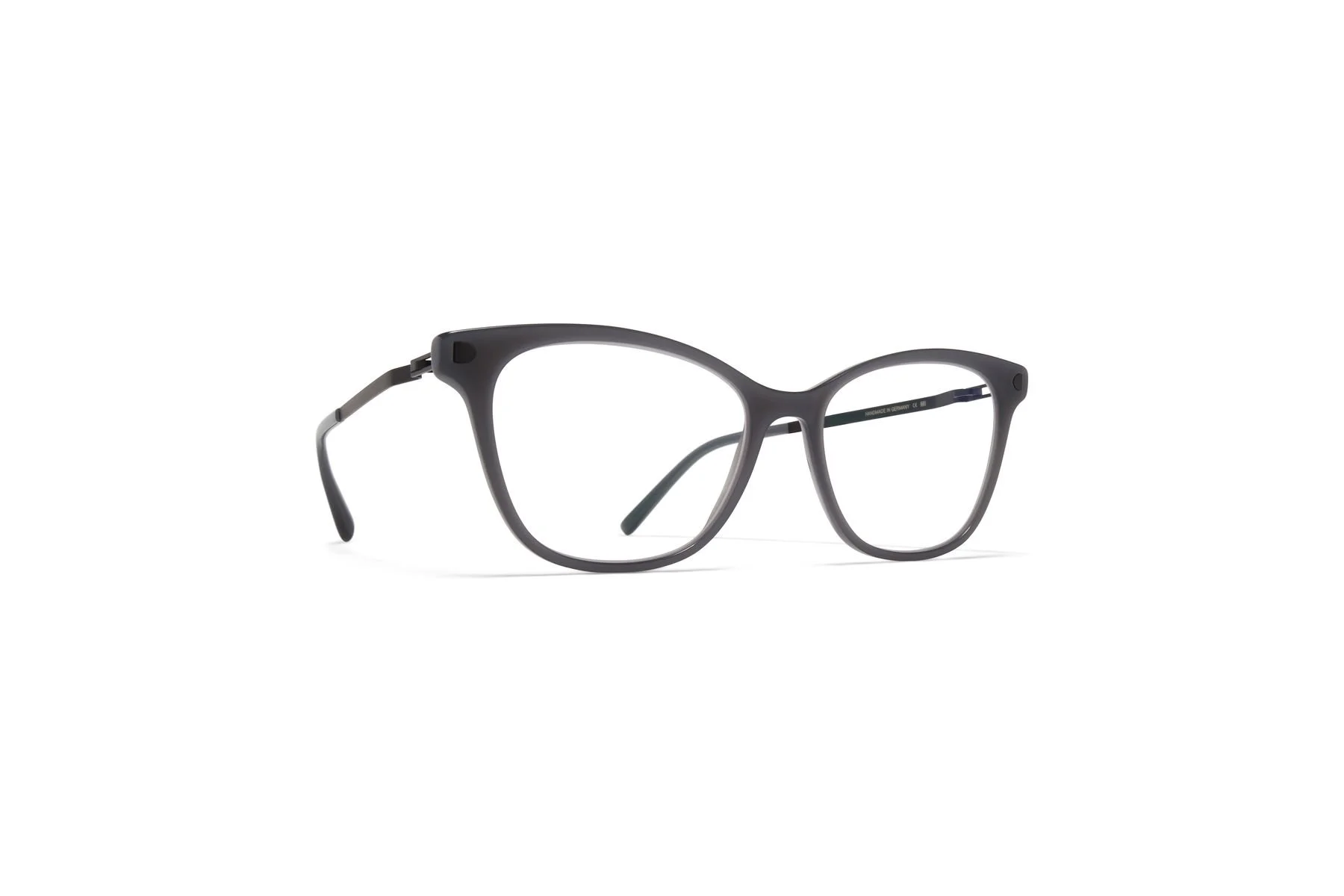 Pair of black cat-eye glasses with clear lenses on a white background.
