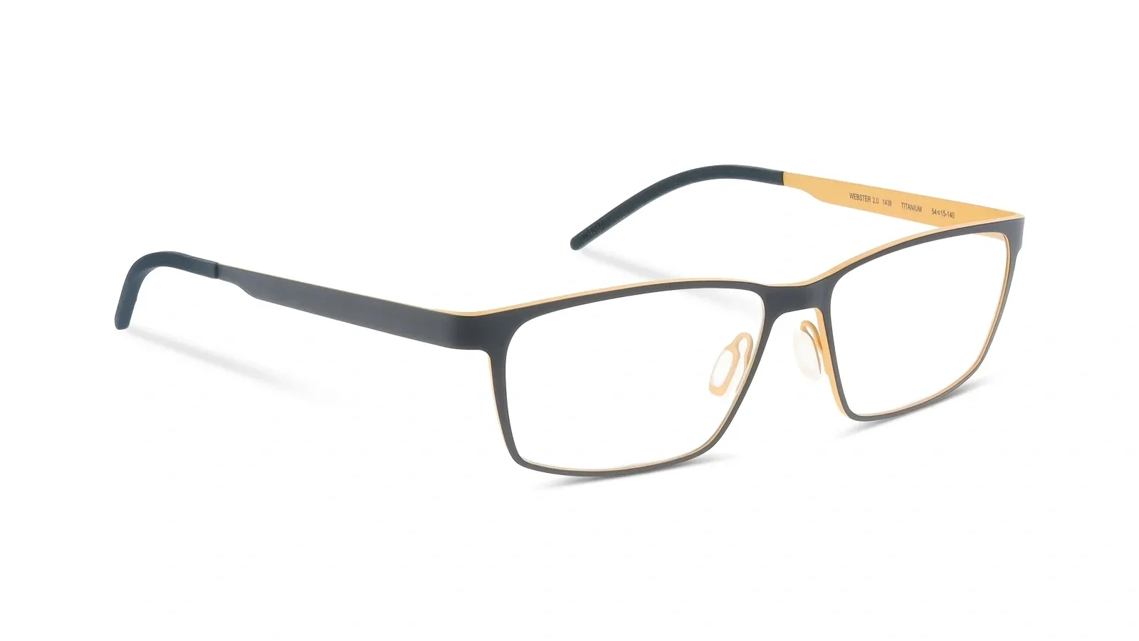 Black and gold metal rectangular eyeglasses with a bold temple