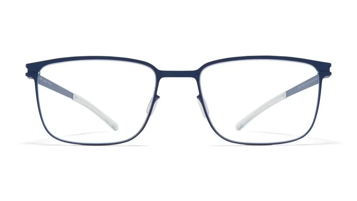Navy thin-framed glasses with clear lenses on a white background.