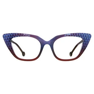 Bold, textured cat-eye frame in shimmery blue/purple.