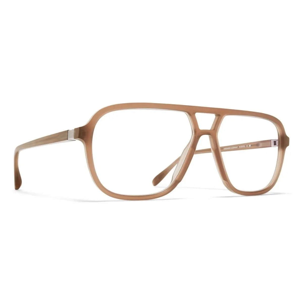 Aviator eyeglasses with a sand coloured frame on a white background