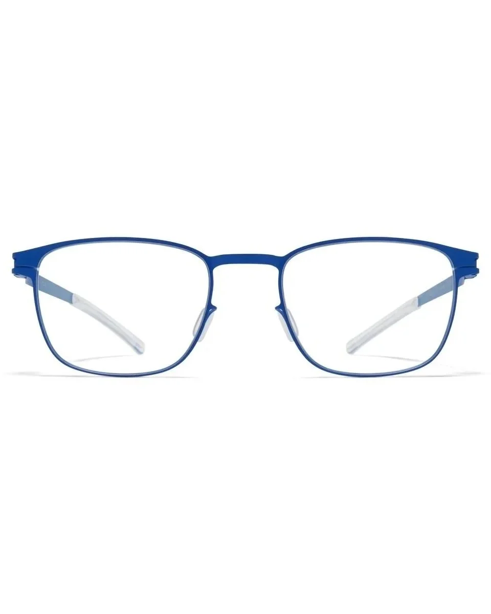 Blue rectangular eyeglasses with thin metal frame