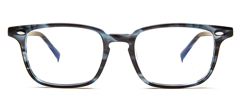 Blue and black rectangular eyeglass frames on white background.