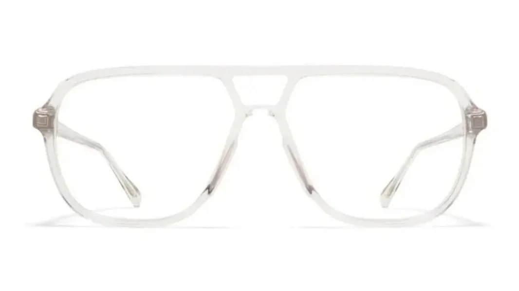 Aviator eyeglasses with a clear frame on a white background
