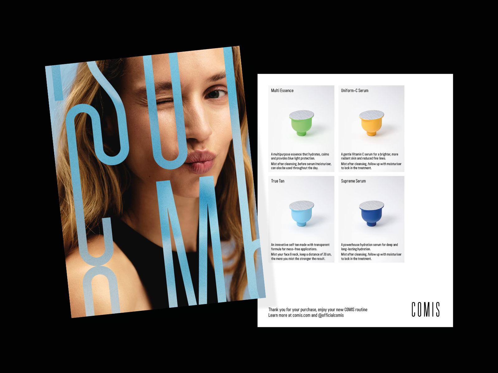 A promotional photo of a woman with blonde hair winking and puckering her lips, covered with blue text that spells out 'COSMETICS'. Next to her, a brochure displays four skincare products with descriptions, including Multi Essence, Uniform-C Serum, T
