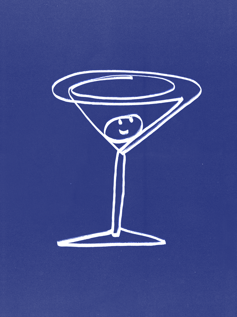 White line drawing of a cocktail glass with a smiling face inside on a blue background.