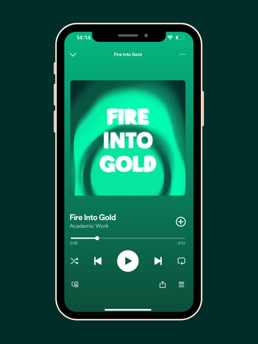 Smartphone screen displaying the music player with the song "Fire Into Gold" by Academic Work, showing playback controls and album art with the title text in white on a teal background.