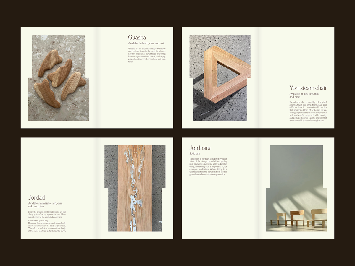 Open brochure displaying four pages about wood materials and furniture. Top left page shows wood pieces shaped like boomerangs. Top right page features a wooden triangle-shaped object. Bottom left page describes 'Jorddara' wood with an image of wood 