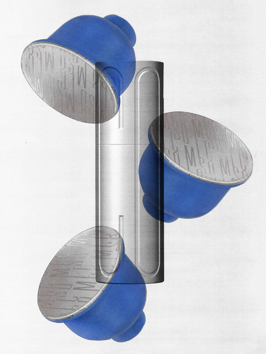 Three blue capsules with silver bottoms and a silver container in the center.