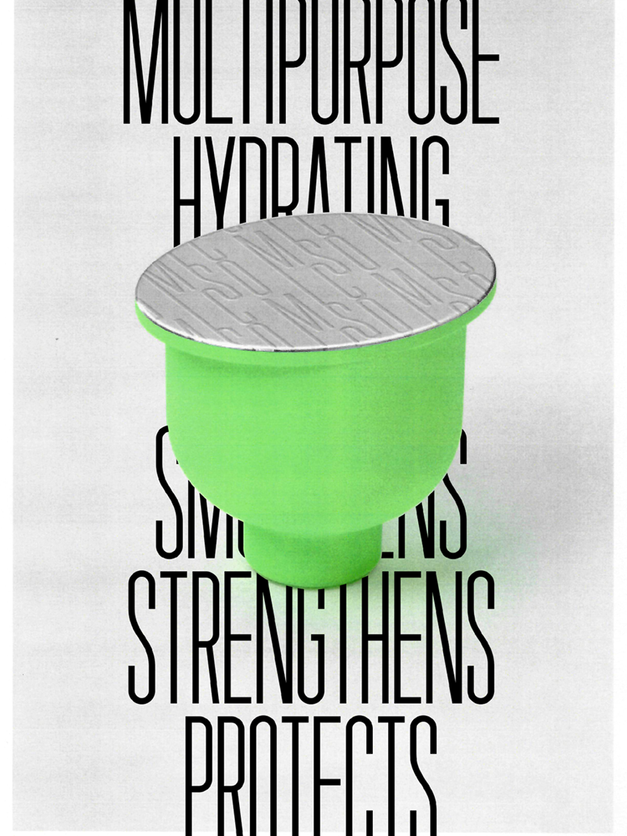 A green cup with a silver lid in front of black text that reads 'MULTIPURPOSE HYDRATING' and other related words.