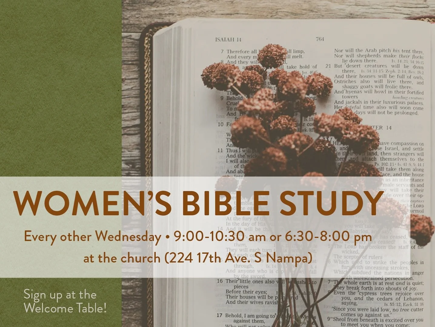 Sign up this Sunday for our Women&rsquo;s Bible Study through the book of Isaiah this year! We meet twice a month on Wednesday&rsquo;s. You can choose either the 9:00 am or the 6:30 pm study groups. Bible study starts Wednesday, September 3rd!