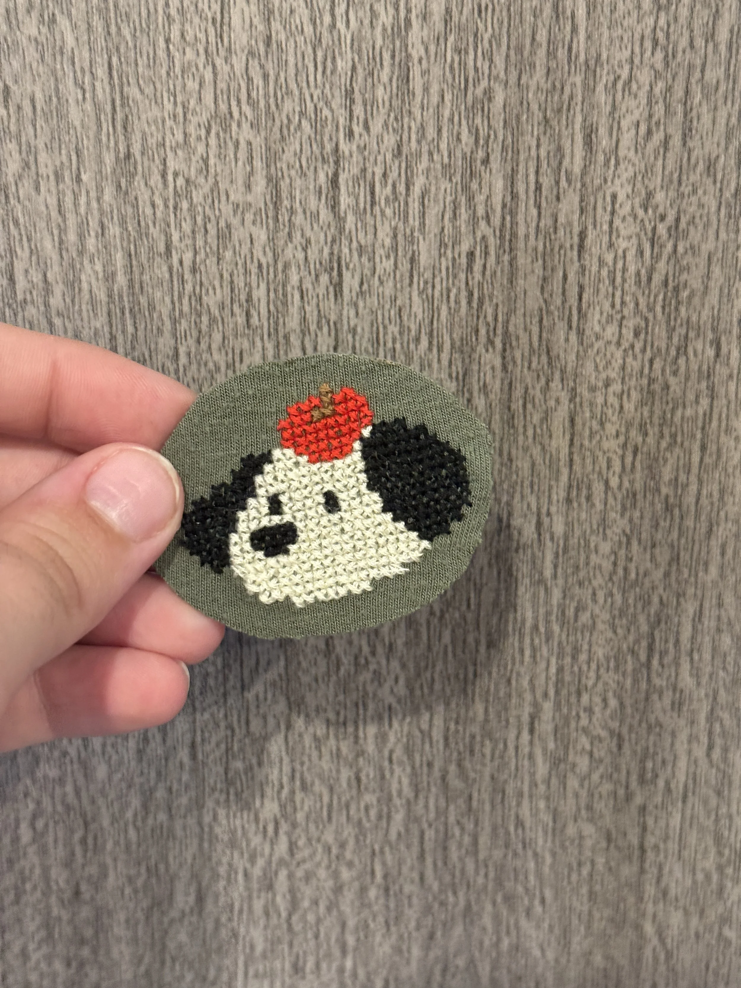 Recycled Fabric Magnet - Cross Stitch Apple Puppy