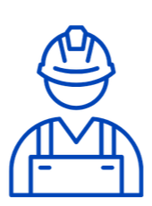Line drawing of a construction worker wearing a hard hat and safety vest, holding a blueprint