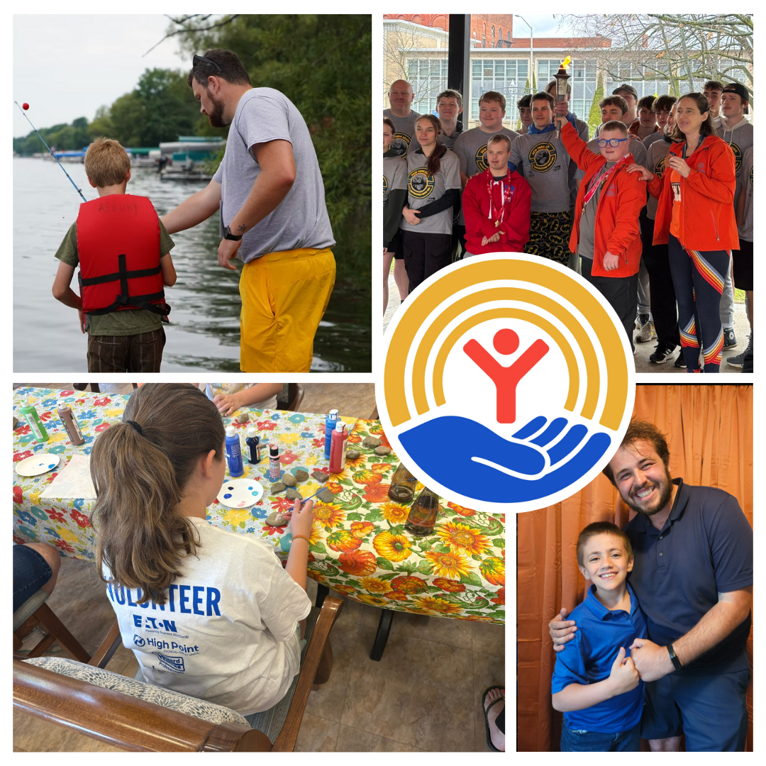 Collage of people helping people: fishing, holding a torch before a run, painting, and smiling.
