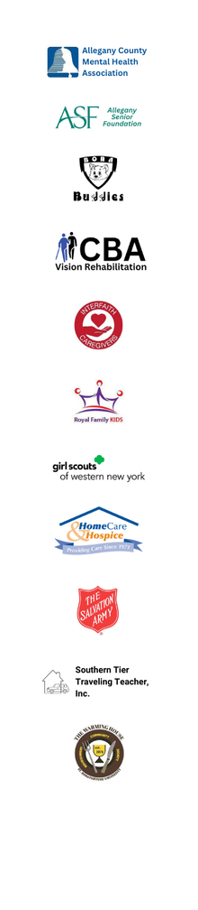 Collection of logos for various organizations, including Allegany County Mental Health Association, Allegany Senior Foundation, Buddies, CBA Vision Rehabilitation, Interfaith Caregivers, Royal Family Kids, Girl Scouts of Western New York, Home Care & Hospice, The Salvation Army, Southern Tier Traveling Teacher Inc., and The Flawing House.