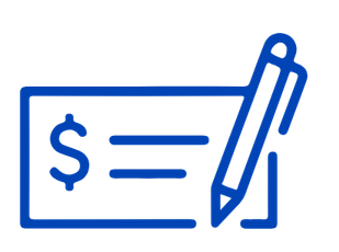 Blue check with a dollar sign, lines, and a pencil indicating a financial check or writing a check.