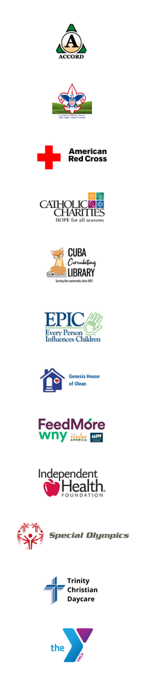 Collection of logos for various charities and organizations, including Accord, American Red Cross, Catholic Charities, Cuba Library, Epic, Genesis House of Olean, Feed More, Independent Health Foundation, Special Olympics, Trinity Christian Daycare, and YMCA.