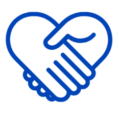 A blue heart-shaped icon with two hands shaking inside it, symbolizing partnership or care.