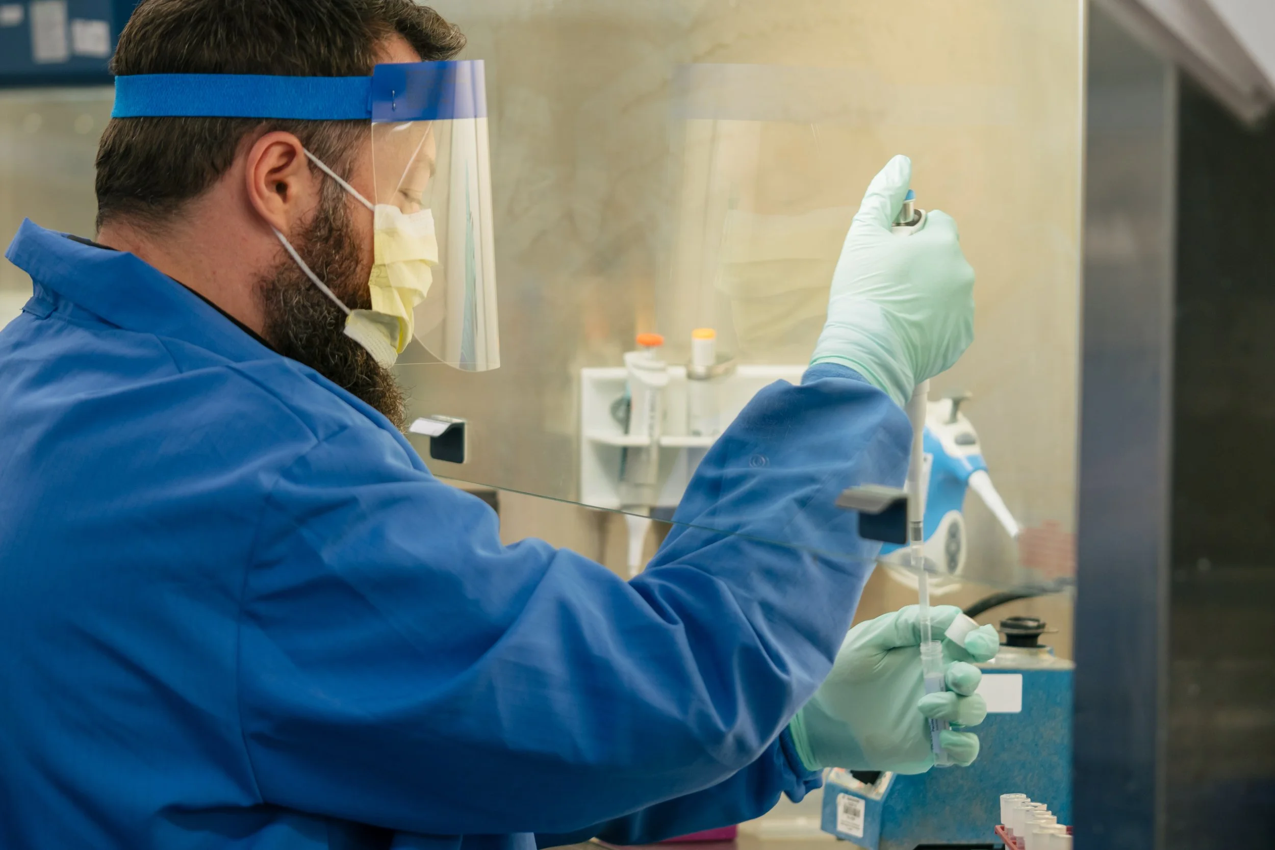 A scientist in a blue lab coat, face mask, and face shield working with laboratory equipment inside a biosafety cabinet.
