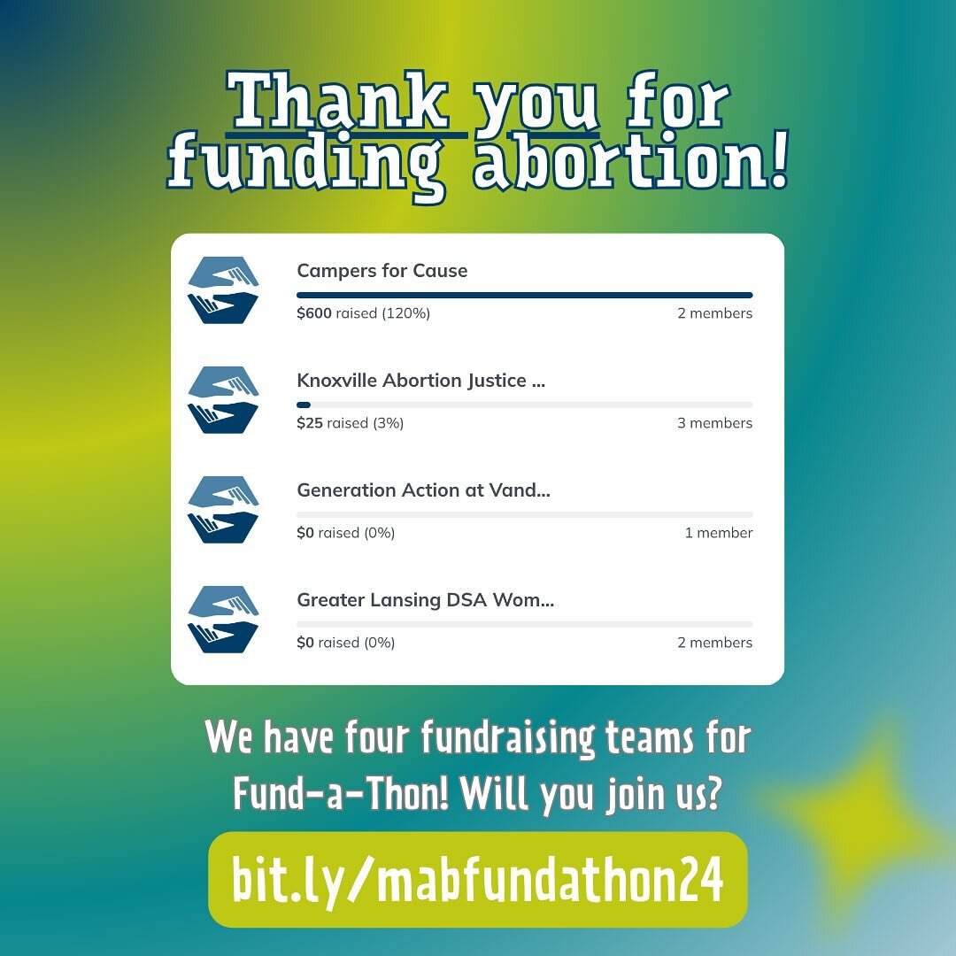 Thank you to our first four fundraising teams for Fund-a-Thon! Will you join us in funding abortion for Tennesseans? Sign up or donate at bit.ly/mabfundathon24 or the top link in our bio. Your donations will be matched 1:1 by the National Network of 