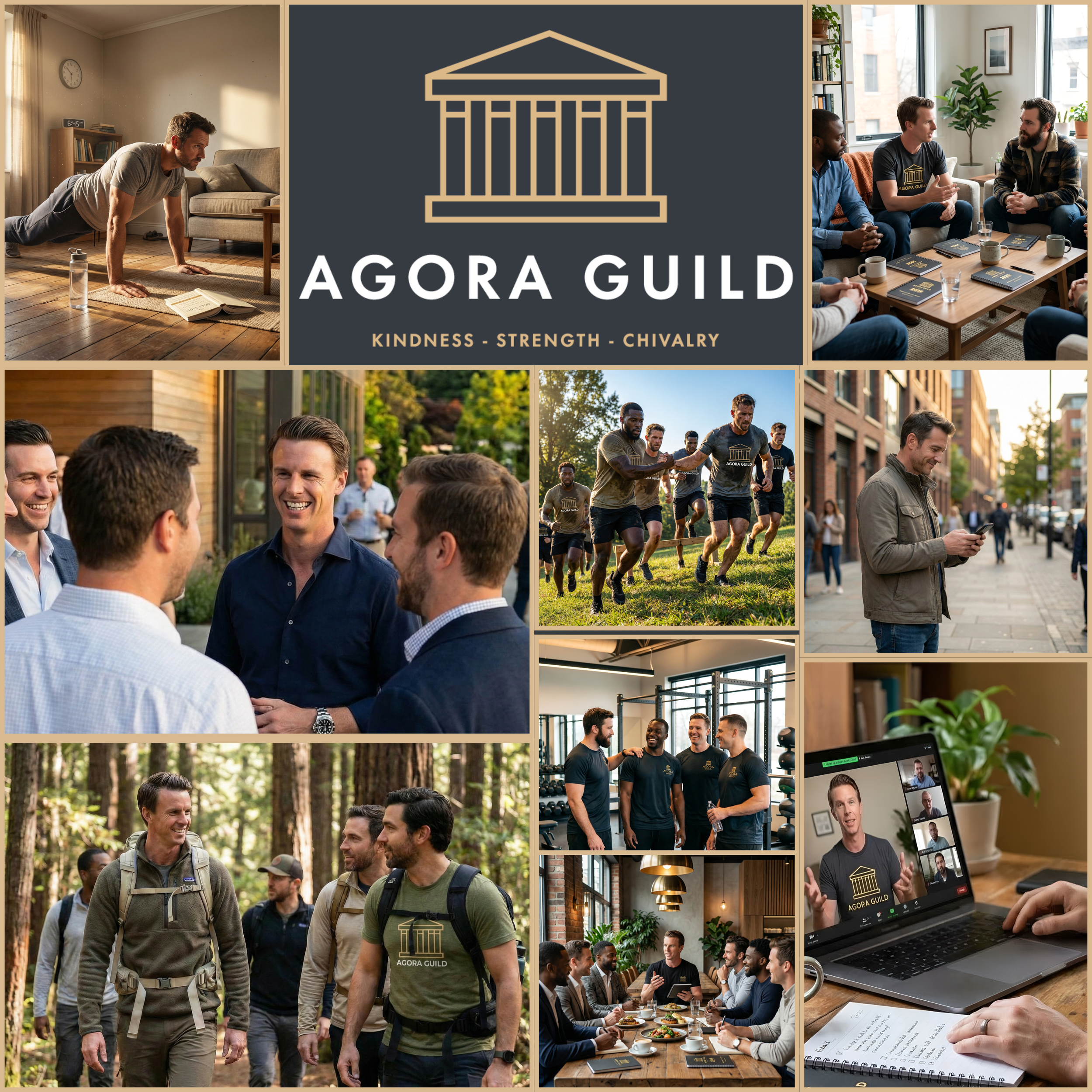 Agora Guild men’s holistic growth community collage showing brotherhood, fitness, hiking, group coaching, online calls, and accountability
