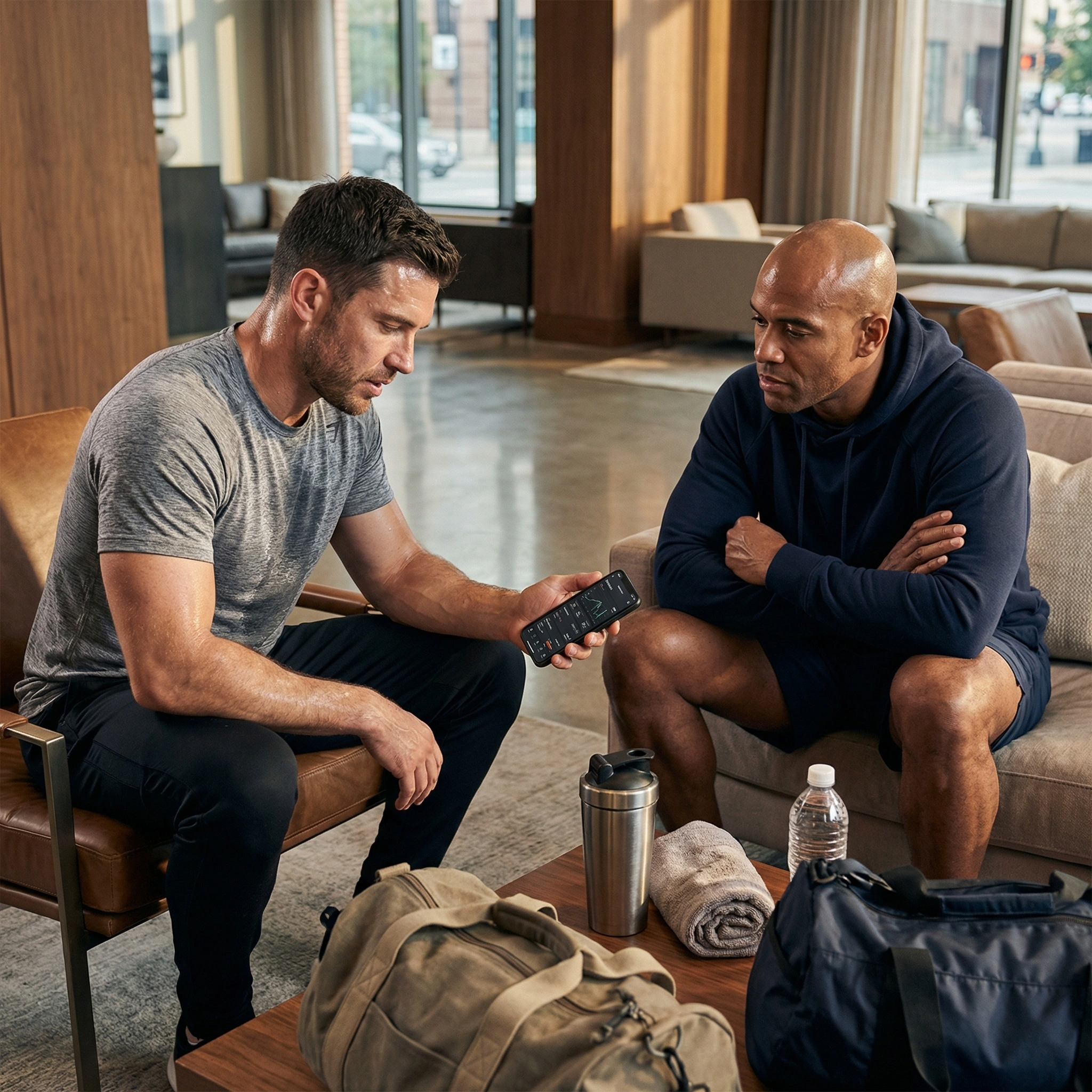 Two men discussing goals after a workout, representing accountability, discipline, and daily self-improvement habits