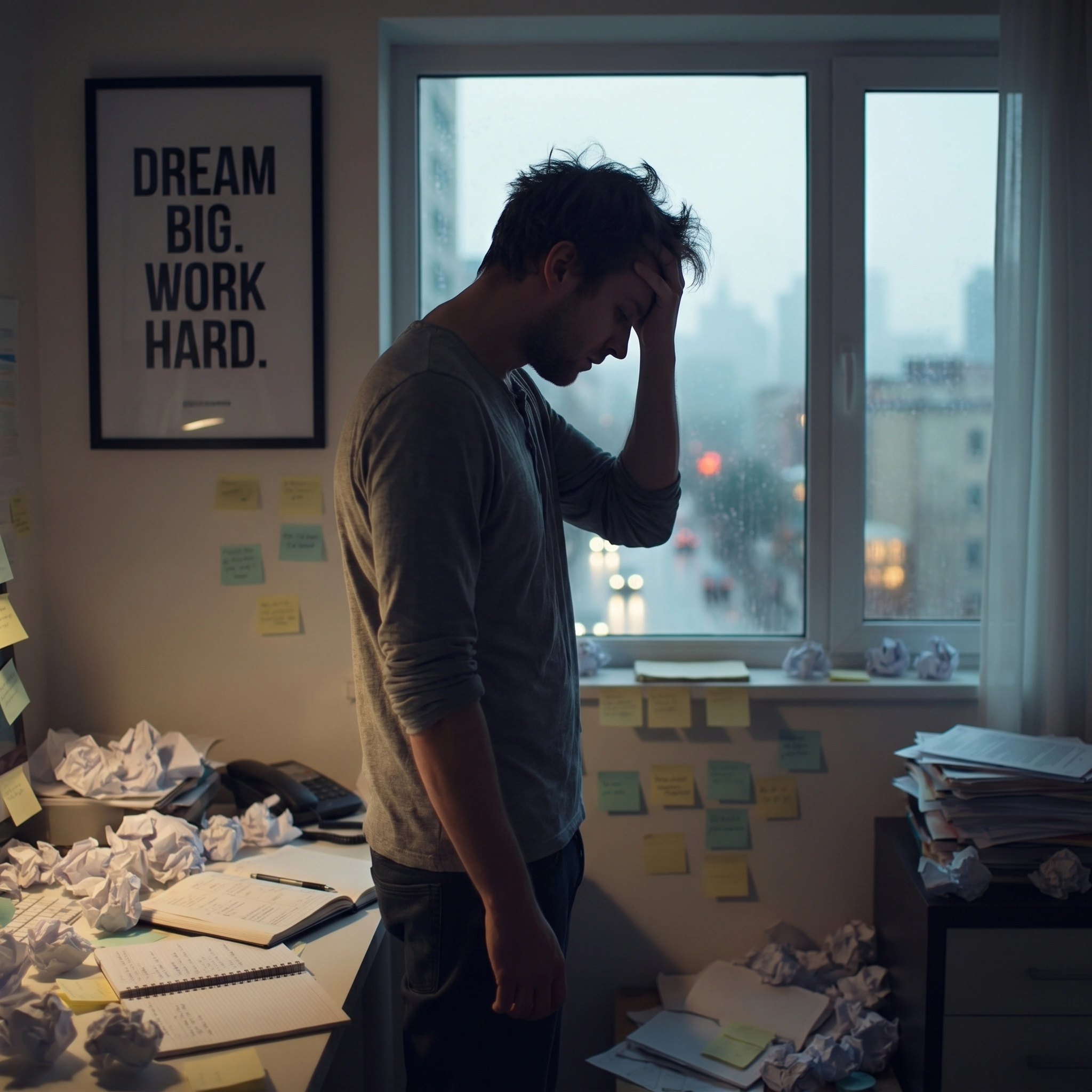 Man facing the challenge of sustaining motivation, illustrating the temporary nature of motivation vs the power of systems.